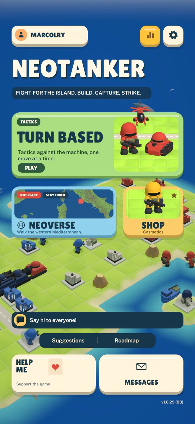 The NeoTanker home screen: Turn Based, NeoVerse and Shop tiles over a small island