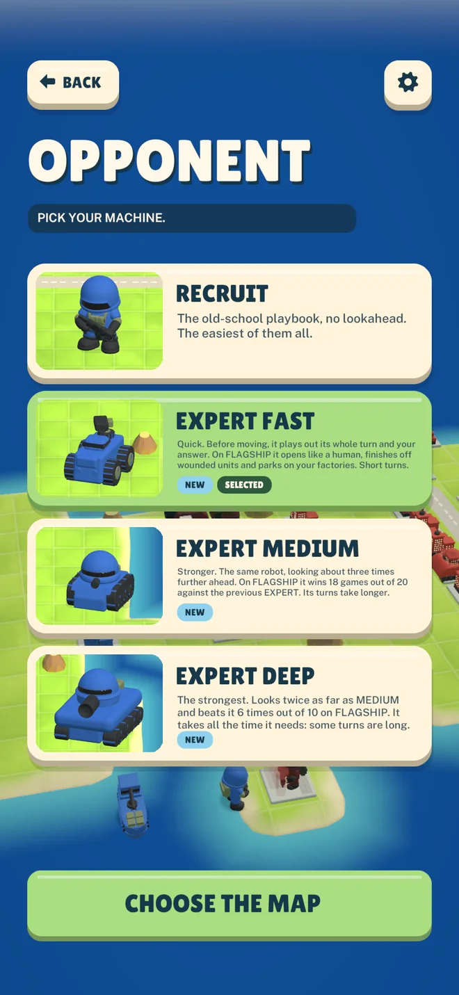 The opponent screen: Recruit, Expert Fast, Expert Medium and Expert Deep