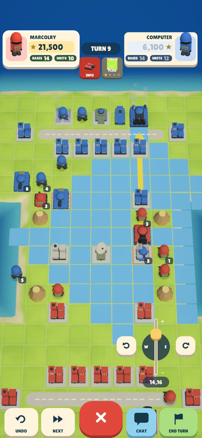 A battle on the island, red against blue, a yellow arrow showing a tank's move