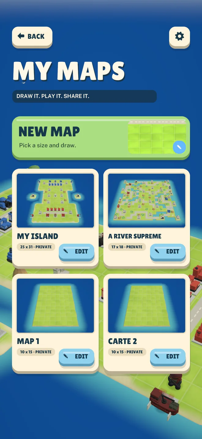My Maps: maps drawn by the player, each with an edit button