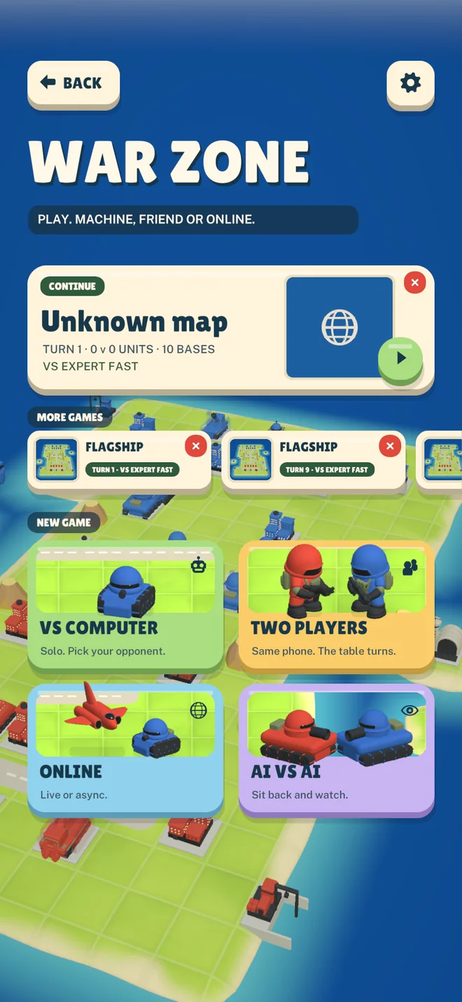 The War Zone menu: continue a game, versus computer, two players, online
